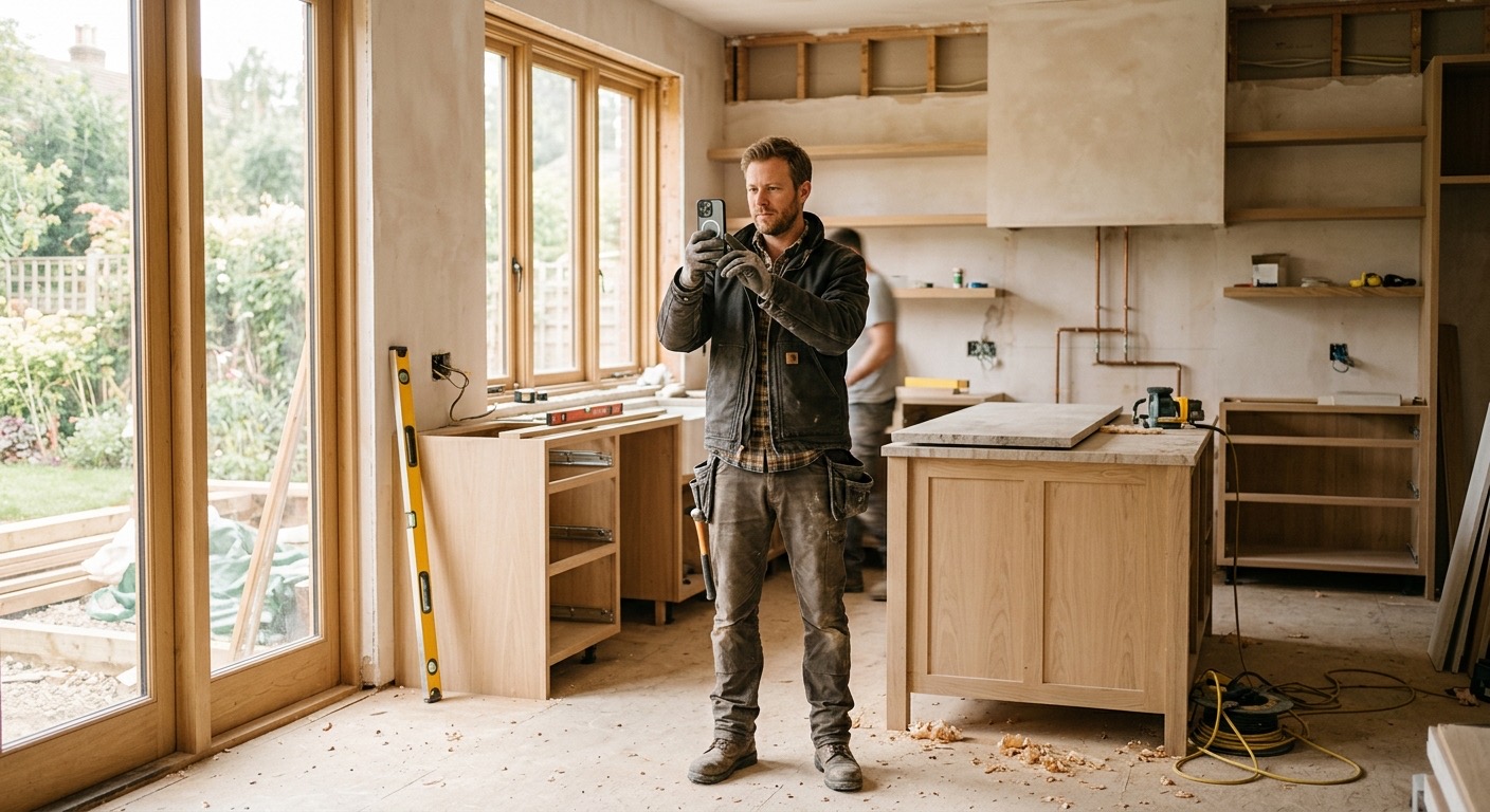 Contractor scanning a kitchen with an iPhone